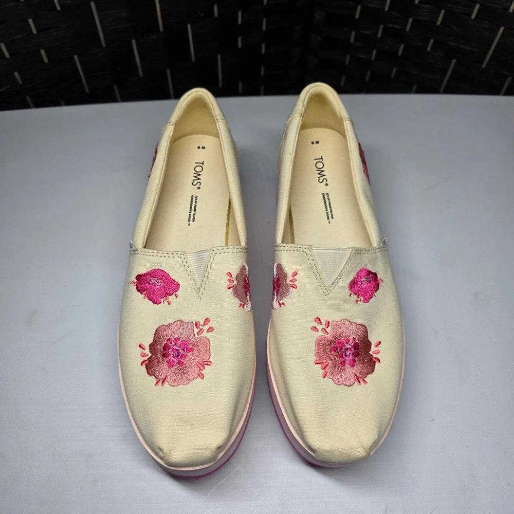 TOMS Alpargata Platform Pink Floral Embroidered Slip On Shoes Womens Size 8